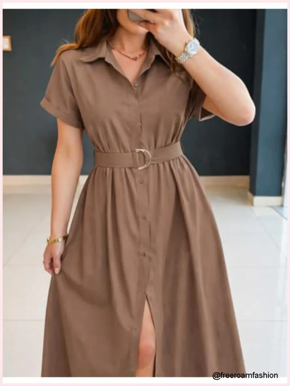 Short Sleeve Midi Dress with Pockets, Button Down, A-Line, Belt, Business Casual